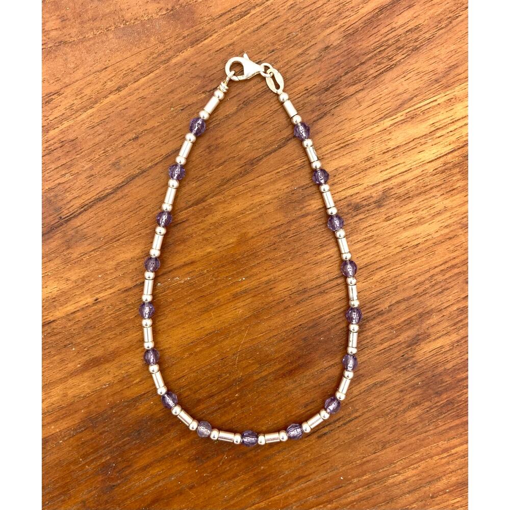 Sterling Silver Purple Acrylic Beaded Ankle Bracelet 10" Italy 7.2g